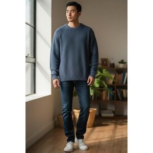 Men's GOODTHREADS Blue Ribbed Knit Crewneck Sweater Cotton Size L